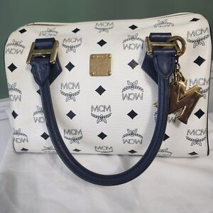 MCM Satchel in White with Navy Accents